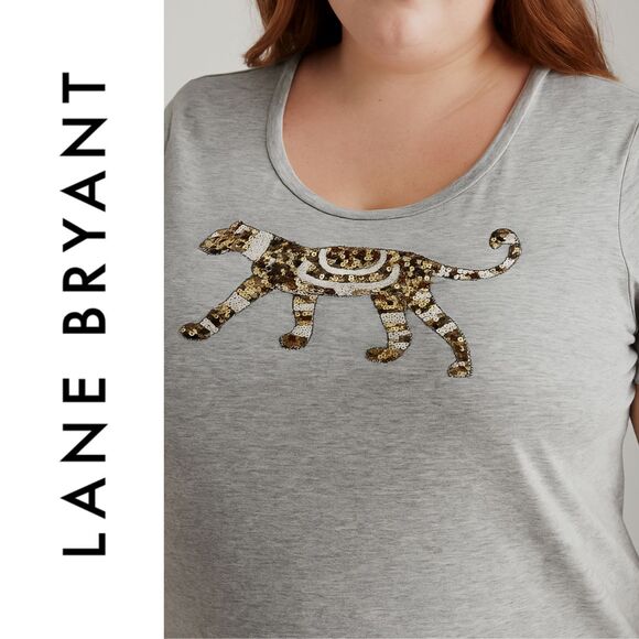 Lane Bryant T Shirt Top I Women's 18/20 I Gray Sequin Cat Tiger Animal NWT - Picture 1 of 8